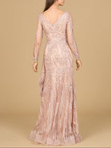 Long Sleeve V-Neck Lace Gown with Feathers