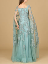 Lace Embroidered Gown with Long Cape Sleeves