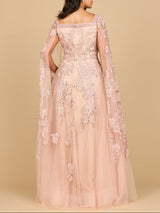 Lace Embroidered Gown with Long Cape Sleeves