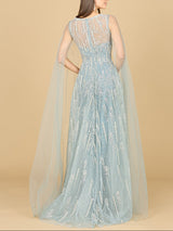 Lace Gown with Cape Sleeves and V-neckline