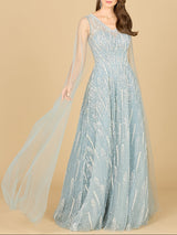 Lace Gown with Cape Sleeves and V-neckline