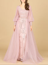 Long Sleeve Lace Gown with Removable Over Skirt