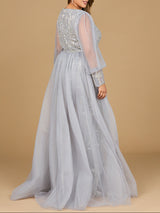 Long Sleeve Lace Gown with Removable Over Skirt