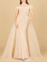 Off Shoulder Gown with Feathers