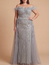 Off Shoulder Gown with Feathers
