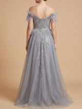 Off Shoulder Gown with Feathers