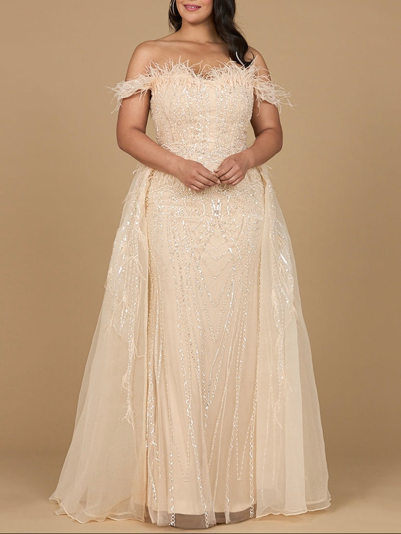 Off Shoulder Gown with Feathers