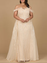 Off Shoulder Gown with Feathers