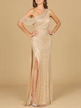 Beaded One Shoulder Dress with Train
