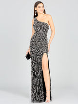 One-Shoulder Beaded Gown with High Slit