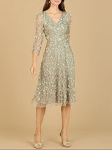 Flowing, 3D Embroidered Midi Dress with Sleeves