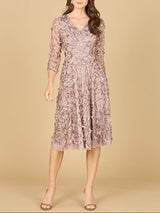 Flowing, 3D Embroidered Midi Dress with Sleeves