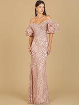 Off Shoulder Mermaid Beaded Gown with Tiered Sleeves