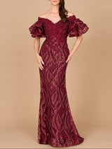 Off Shoulder Mermaid Beaded Gown with Tiered Sleeves