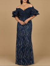 Off Shoulder Mermaid Beaded Gown with Tiered Sleeves