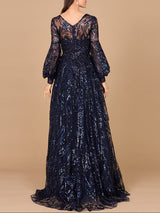 V Neckline Long Sleeve Gown