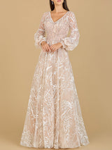 V Neckline Long Sleeve Gown