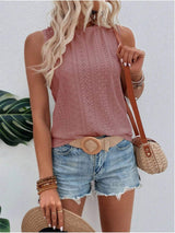 Eyelet Round Neck Tank - Trendsi - Flyclothing LLC