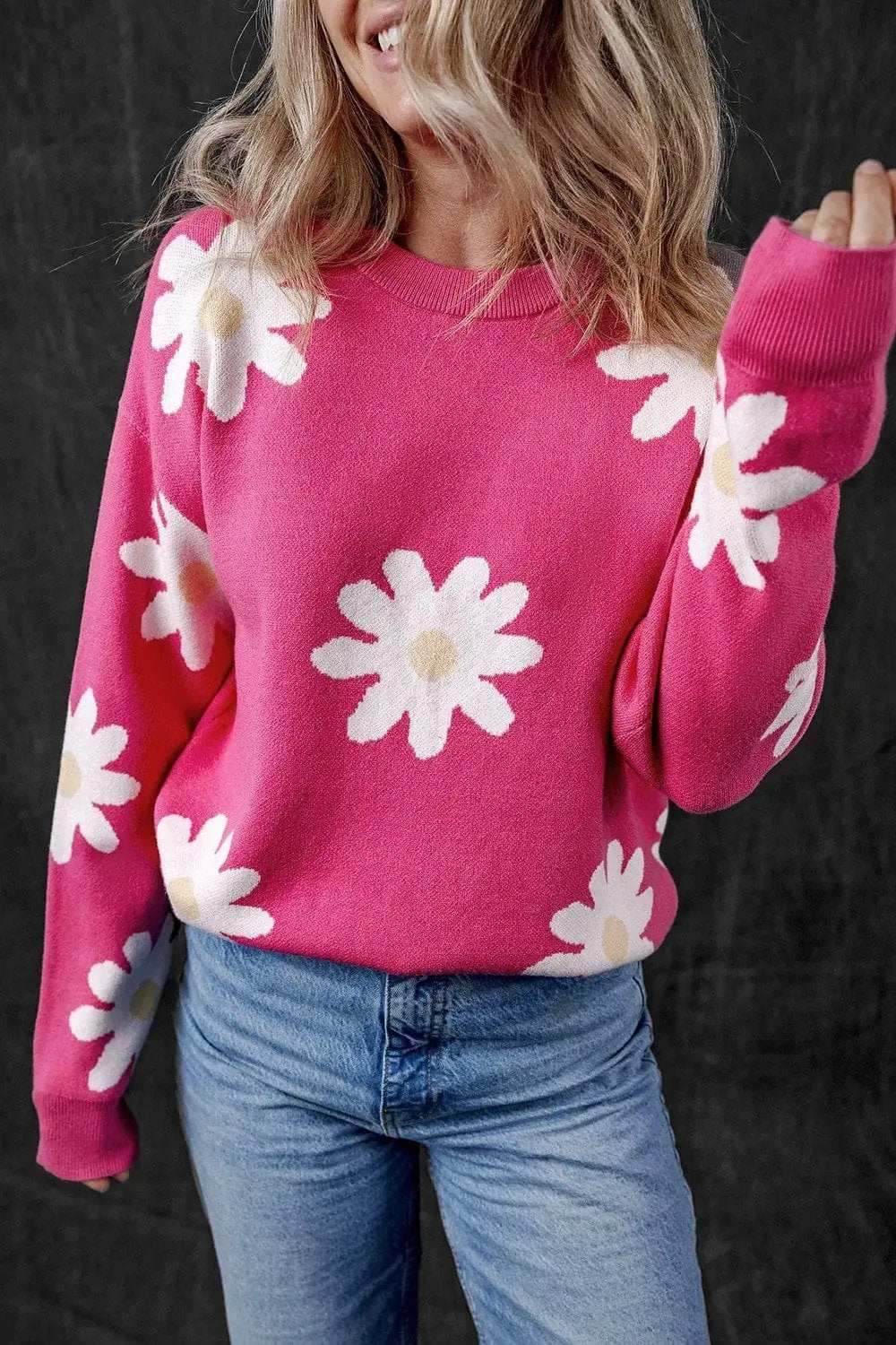 Daisy Round Neck Dropped Shoulder Sweater - Trendsi - Flyclothing LLC