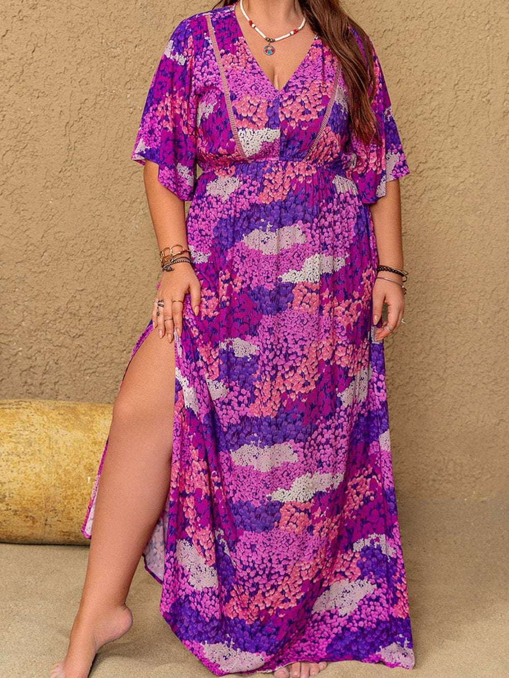 Plus Size Slit Printed Half Sleeve Maxi Dress - Trendsi - Flyclothing LLC