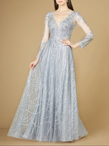 Long Sheer Sleeve V-Neckline Sheath Gown