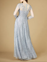 Long Sheer Sleeve V-Neckline Sheath Gown