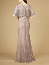 Cape Sleeve V-Neck Gown with Geometric Beading