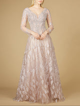 Long Sleeve V-Neck Ballgown  - OUTLET
