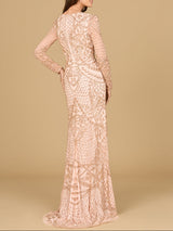 Beaded Long Sleeve V-neck Gown