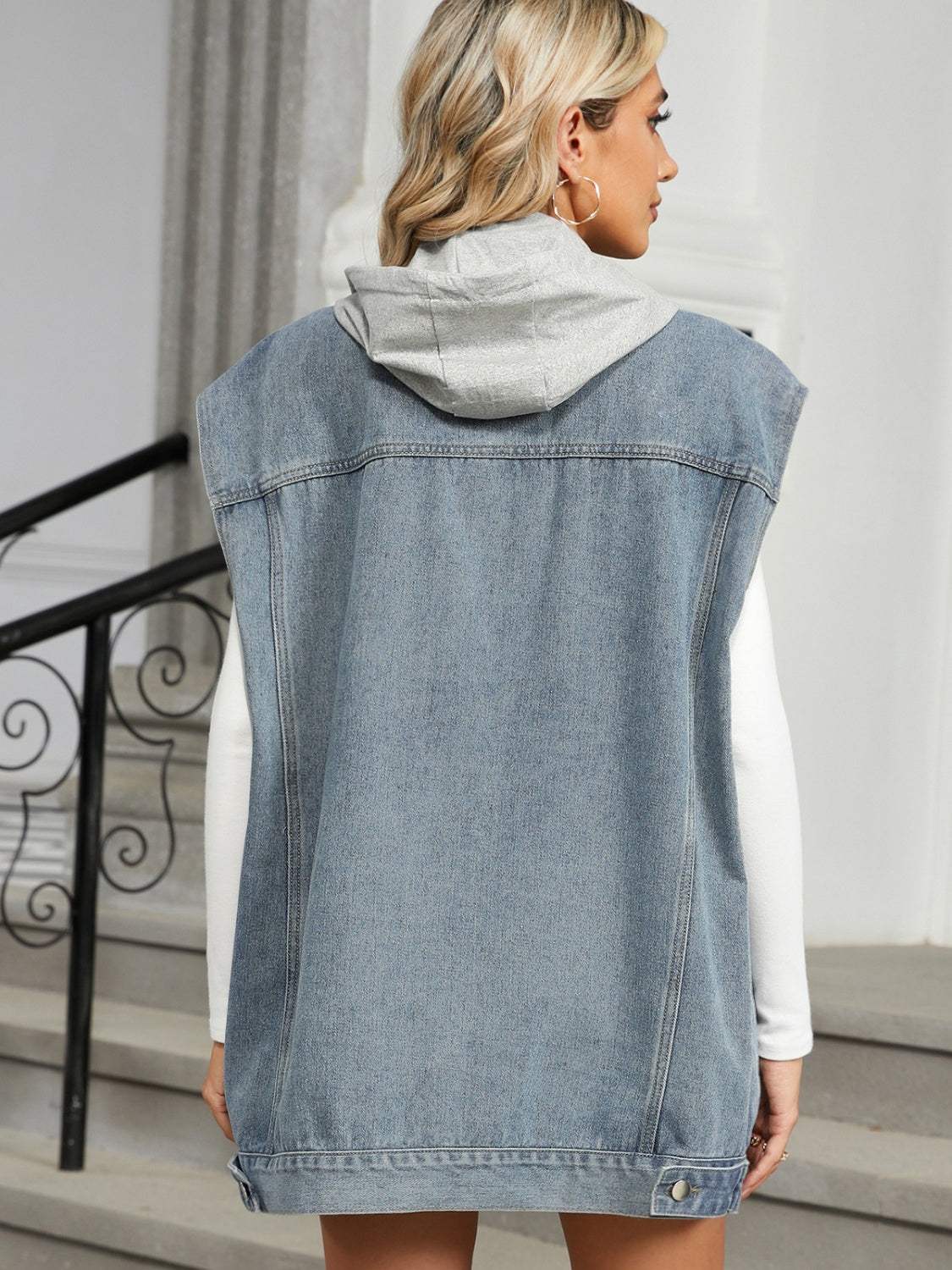 Removable Hood Button Up Cap Sleeve Denim Jacket - Trendsi - Flyclothing LLC