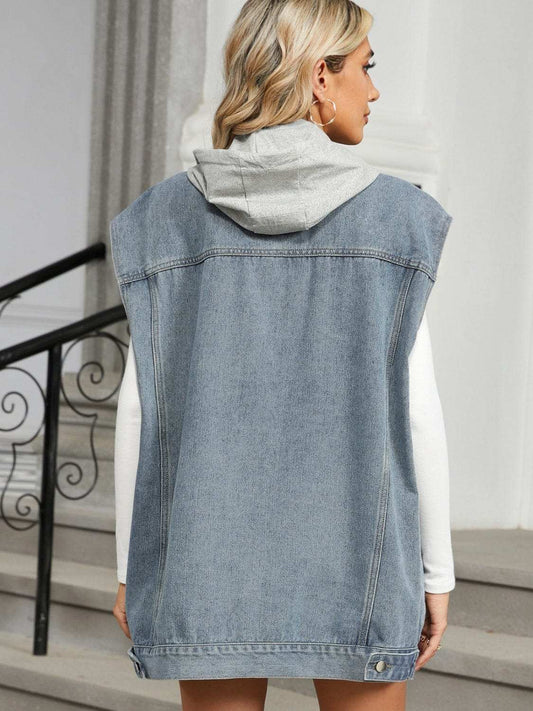 Removable Hood Button Up Cap Sleeve Denim Jacket - Trendsi - Flyclothing LLC