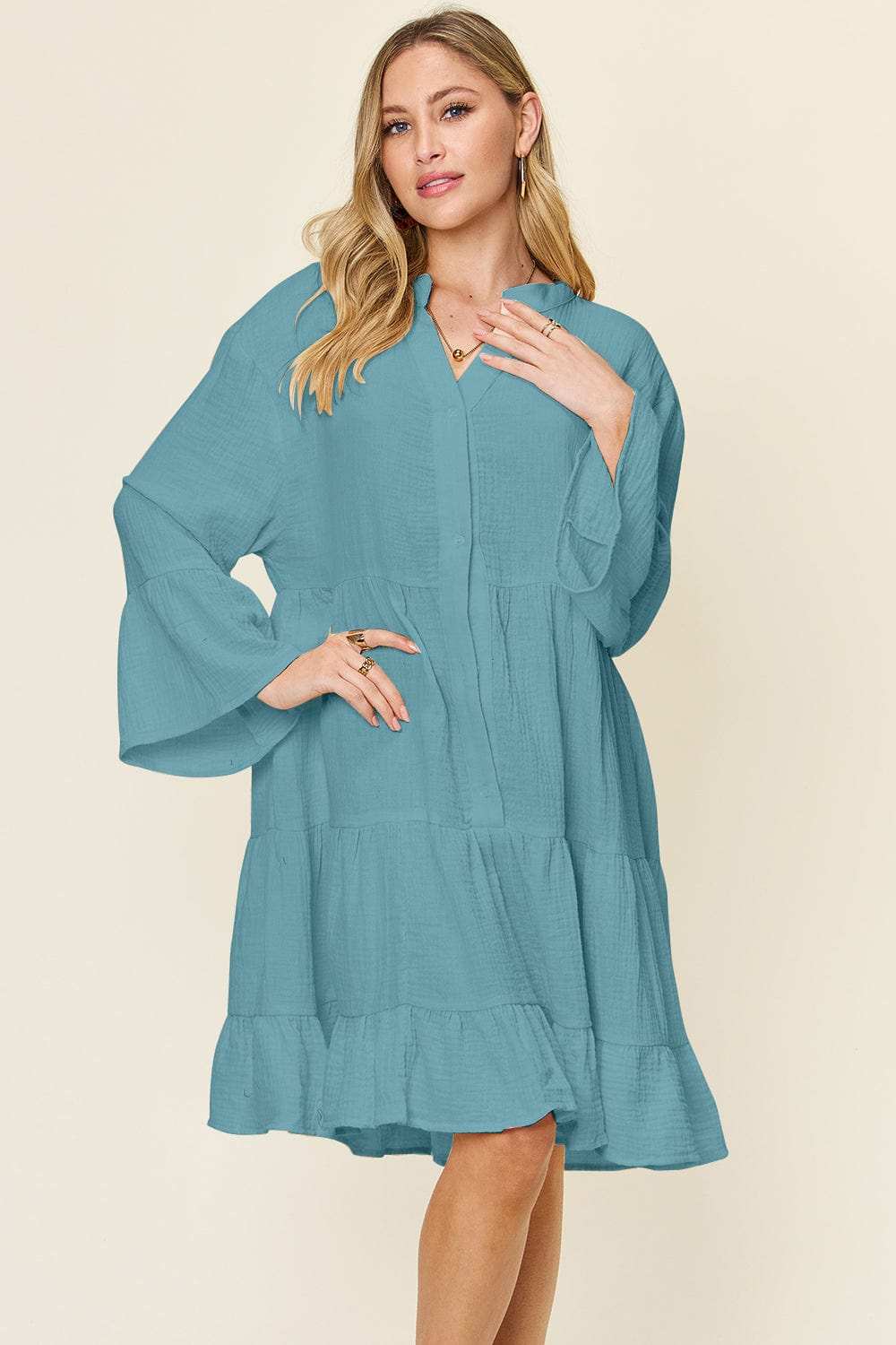 Double Take Full Size Texture Button Up Ruffle Hem Dress - Trendsi - Flyclothing LLC