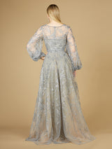 V Neckline Balloon Sleeve Gown