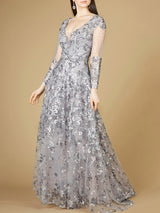 A-line Gown With Long Sleeves, V-Neckline