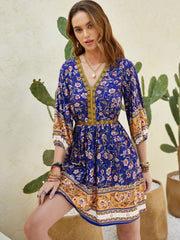 Printed V-Neck Mini Dress - Trendsi