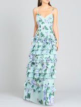 Ruffle Skirt Printed Gown with Spaghetti Straps - OUTLET
