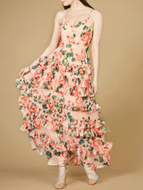 Ruffle Skirt Printed Gown with Spaghetti Straps - OUTLET