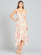 V-Neck Printed Midi Length Dress with Pleats - OUTLET