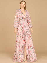 Long Sleeve V-Neck, Layered Skirt Print Dress- OUTLET
