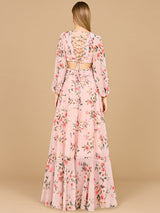 Long Sleeve V-Neck, Layered Skirt Print Dress- OUTLET