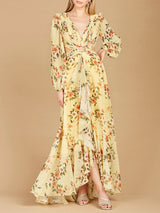 Long Sleeve V-Neck, Layered Skirt Print Dress- OUTLET