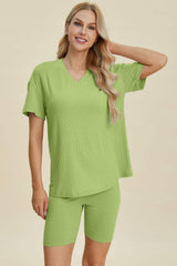 Basic Bae Full Size Ribbed V-Neck Short Sleeve Top and Shorts Set - Trendsi - Flyclothing LLC