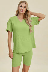 Basic Bae Full Size Ribbed V-Neck Short Sleeve Top and Shorts Set - ShopBasicbae - Flyclothing LLC