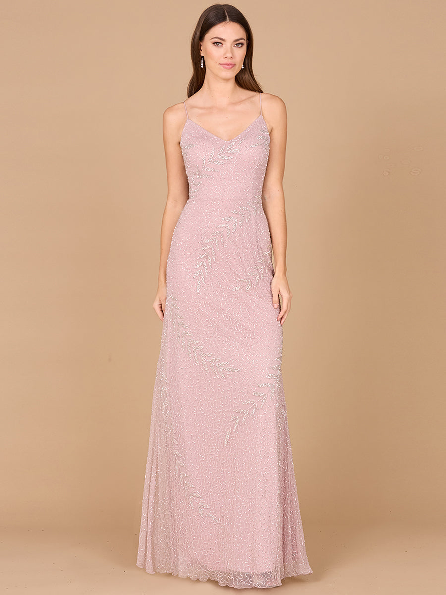Beaded Spaghetti Strap Navy Full-Length Gown