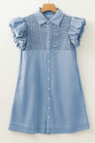 Smocked Collared Neck Cap Sleeve Denim Dress - Trendsi - Flyclothing LLC