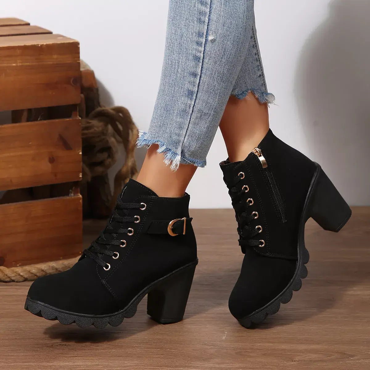 Lace Up Block Heels Boots - Trendsi - Flyclothing LLC