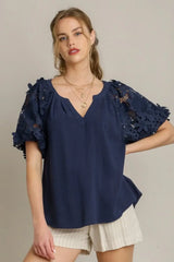 Umgee Full Size French Terry Boxy Cut Top with 3D Floral Sleeve Plus Size - Trendsi - Flyclothing LLC