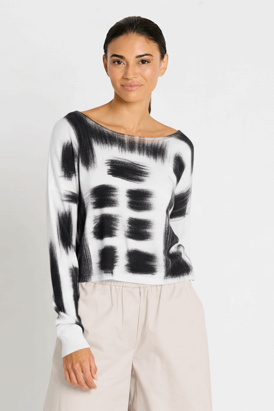 Pima Cotton Paintbrush Sweater - White/Black - PLANET by Lauren G - Flyclothing LLC