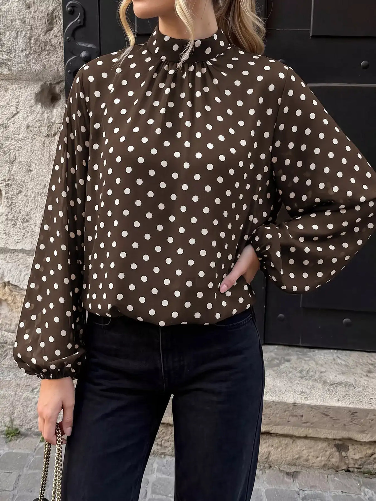 Polka Dot Mock Neck Long Sleeve Blouse - Trendsi - Flyclothing LLC