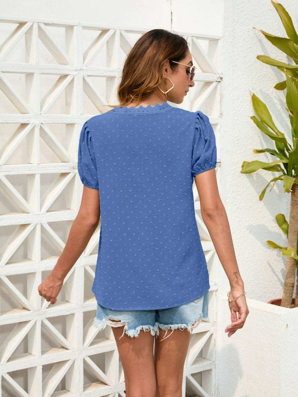 Swiss Dot Lace Detail V-Neck Blouse - Trendsi - Flyclothing LLC